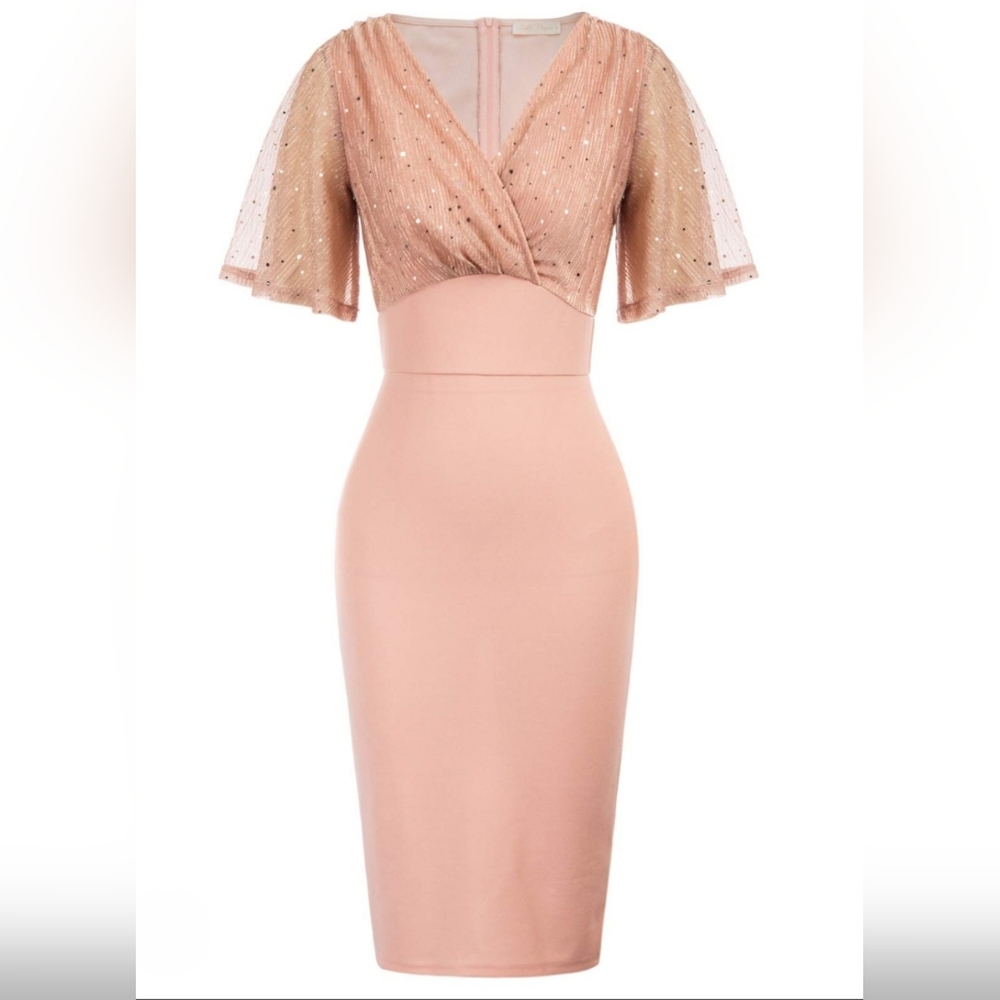 Belle Poque Peach Retro V Neck Glitter  Cocktail Pencil Bodycon Dress